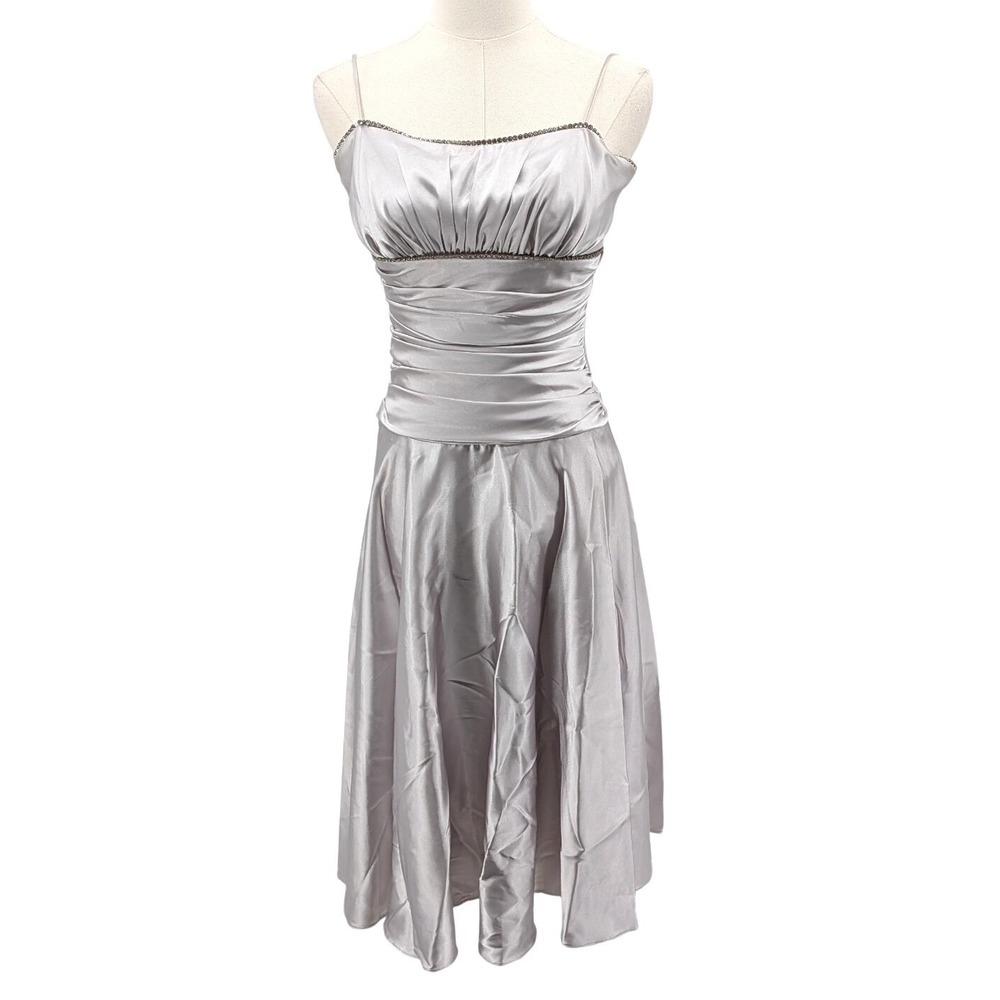 Silver Satin Rhinestone Ruched Formal Midi Dress Y2K‎ Cocktail Party Size S